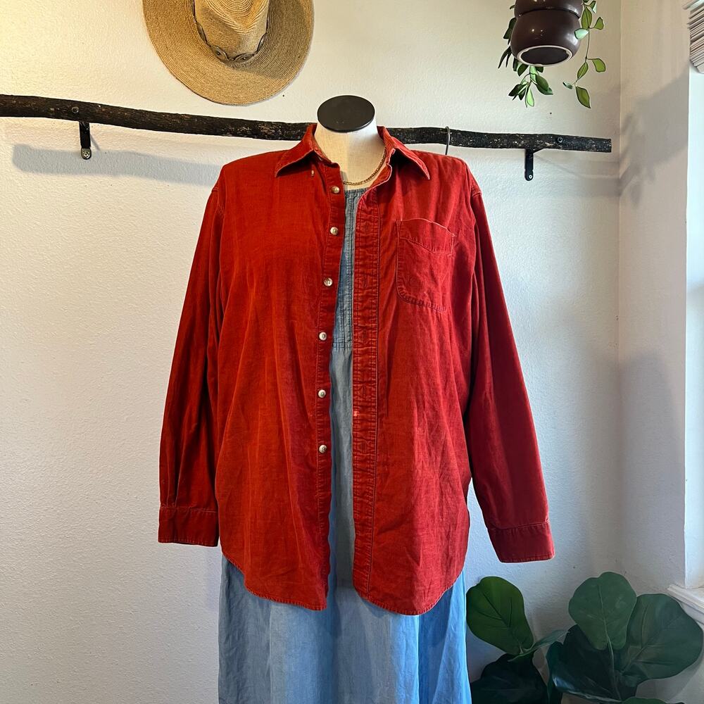 Vintage L.L. Bean Orange Corduroy Button Down Worn in Shirt Size Men's Large